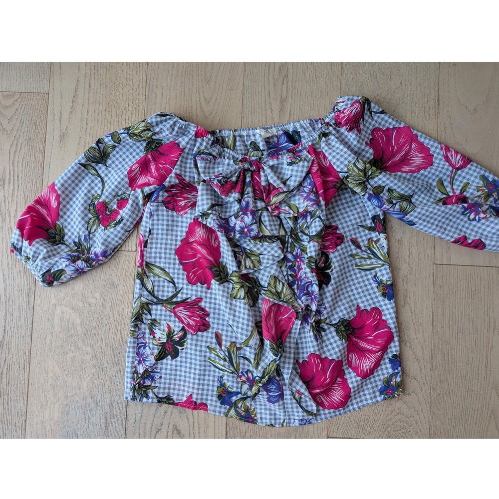 Anthropologie Entro Floral Gingham Ruffle Off Shoulder Cottagecore Blouse‎ Small